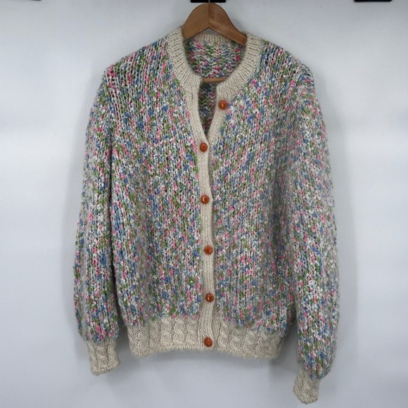 Sweaters - Vintage Handmade Chunky Knit Cardigan Multi Color Speckled Buttons Cream Trim